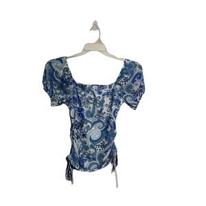 B-Wear Byer Med Y2K 90's Babydoll Blouse Top Cap Sleeve Blue White Paisley Boho